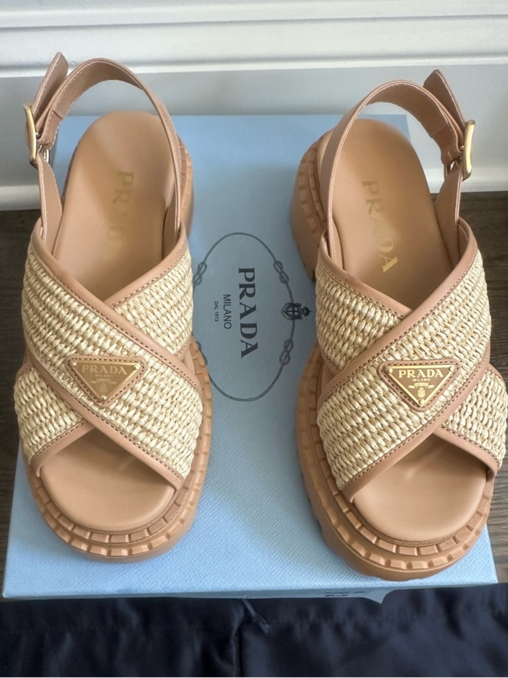 Prada Cream and Tan Raffia Platform Sandals - new in box - Picture 9 of 15